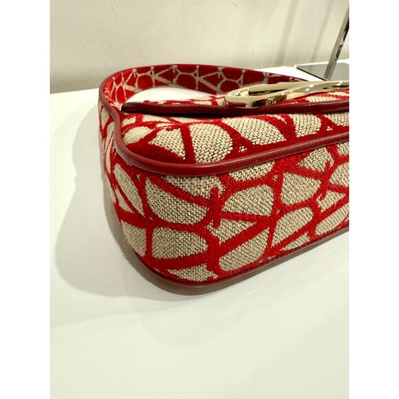 Valentino Garavani Iconographe Loco Canvas Hobo Bag Naturale Rosso V Size Small - Picture 8 of 12